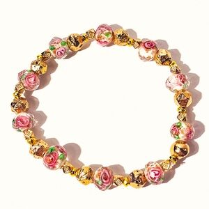 Handmade Rose Glass & Gold Sparkle Beaded Bracelet.
